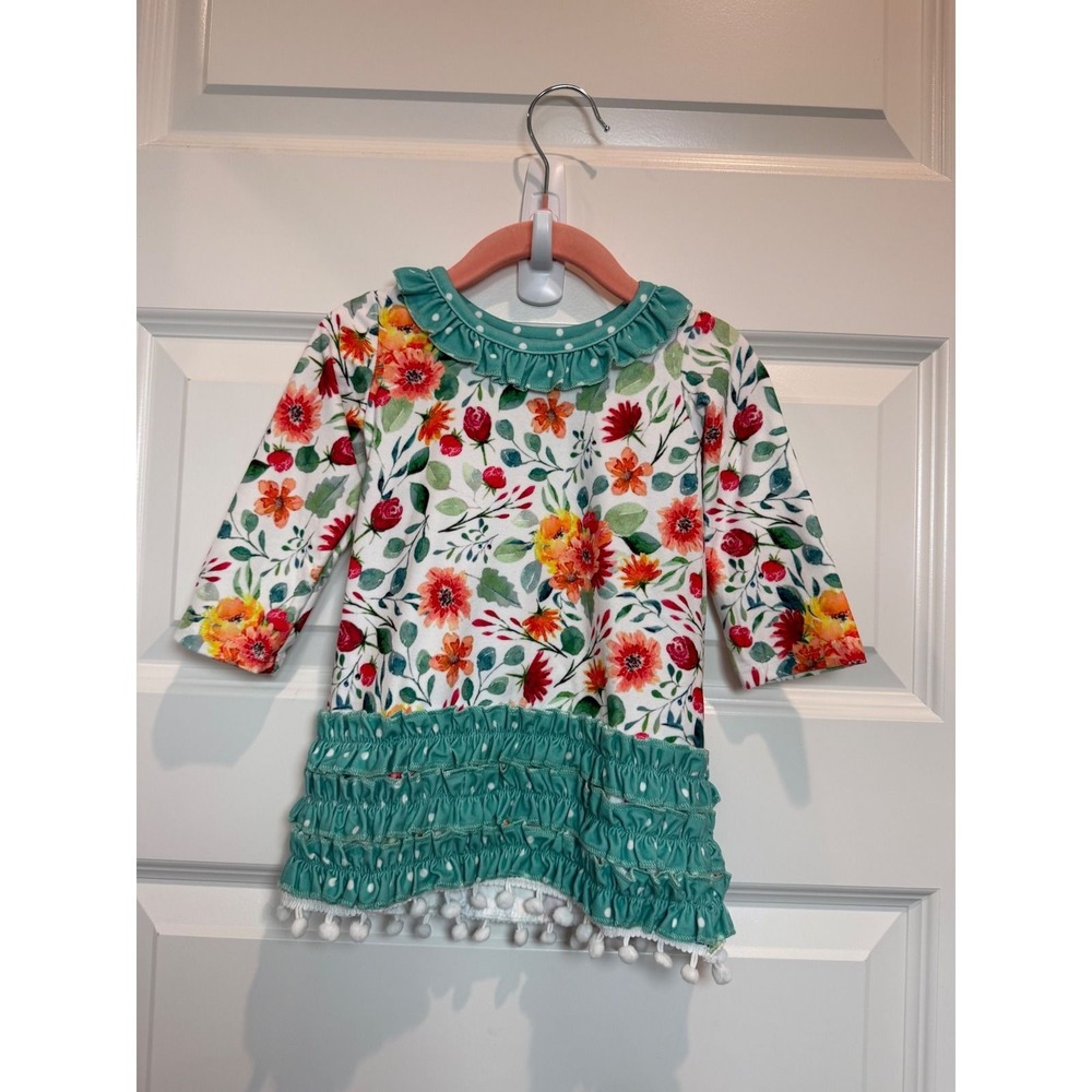 4.Sugar Bee Baby Girls Floral Ruffle Pom Pom Dress and Bloomer Set Teal 6M